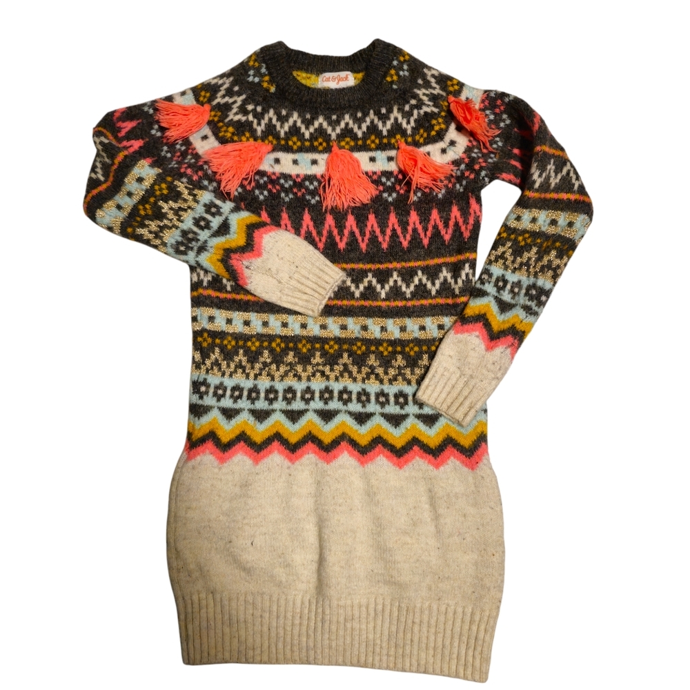 Cat and Jack Girls Fair Isle Long Sleeve Sweater Dress with Pom Poms Size